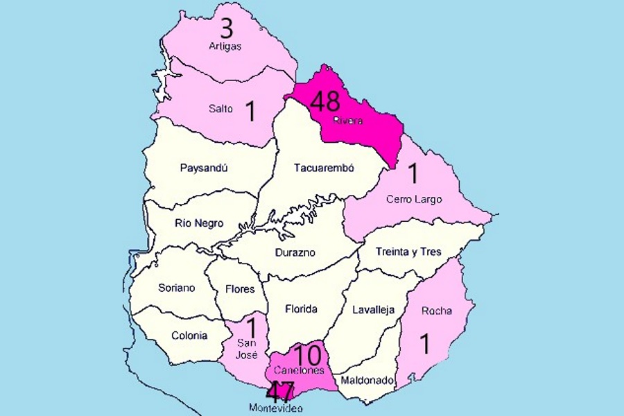 Mapa de la distribución actual de Covid-19 en Uruguay