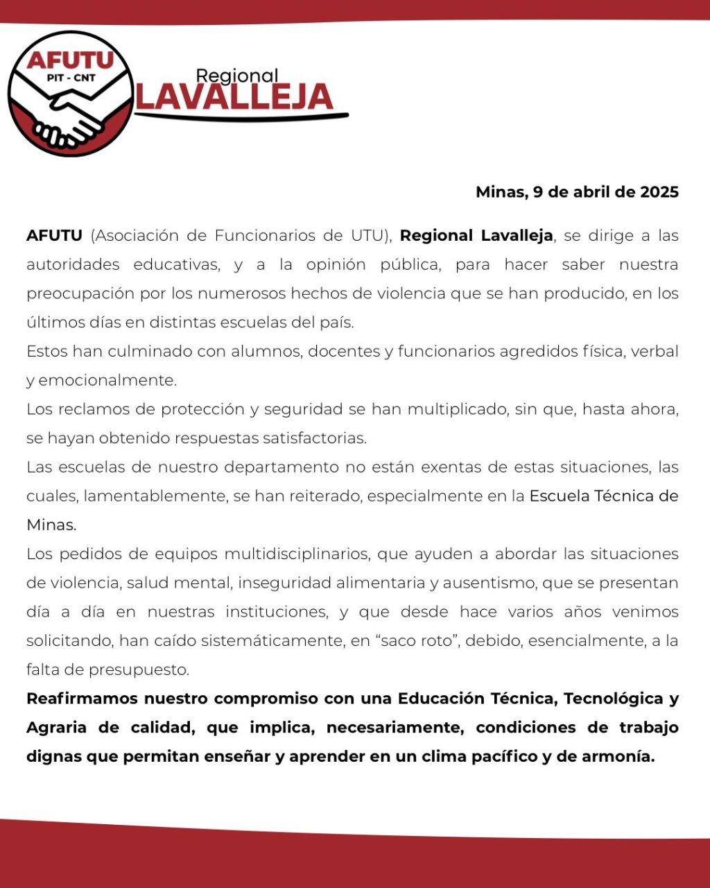 AFUTU expresó su preocupación por los numerosos hechos de violencia que se han producido en las escuelas técnicas del país